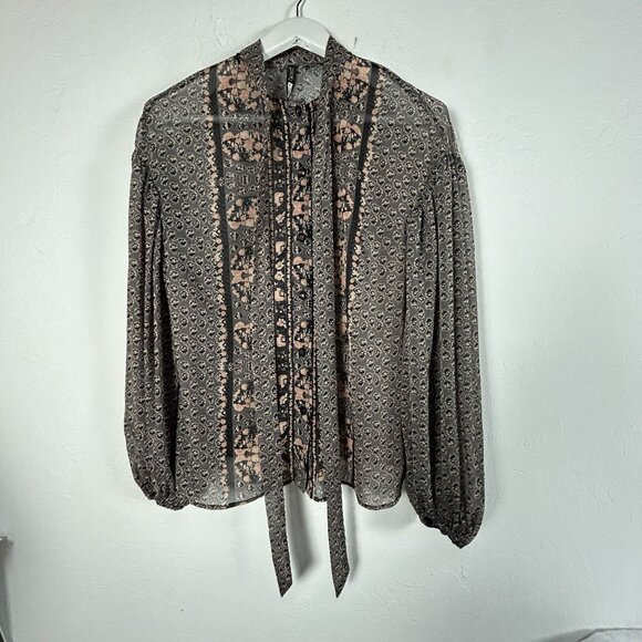 Plenty by Tracy Reese Womens Printed Tie-Neck Blouse Top Medium Balloon Sleeve - Picture 1 of 7